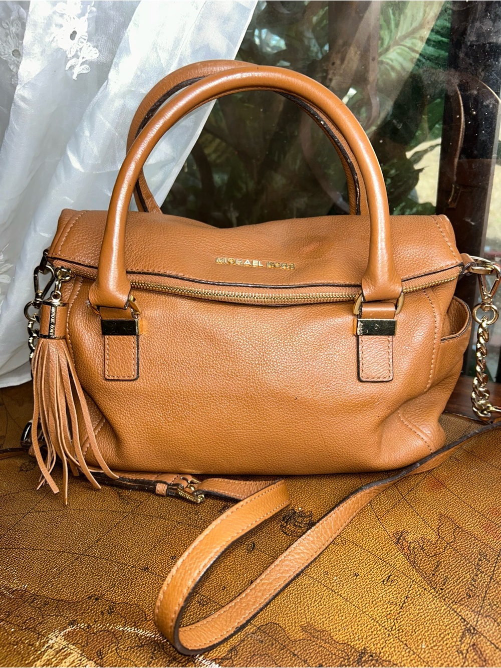 MICHAEL KORS Caramel/Tan Leather Satchel with Tassel